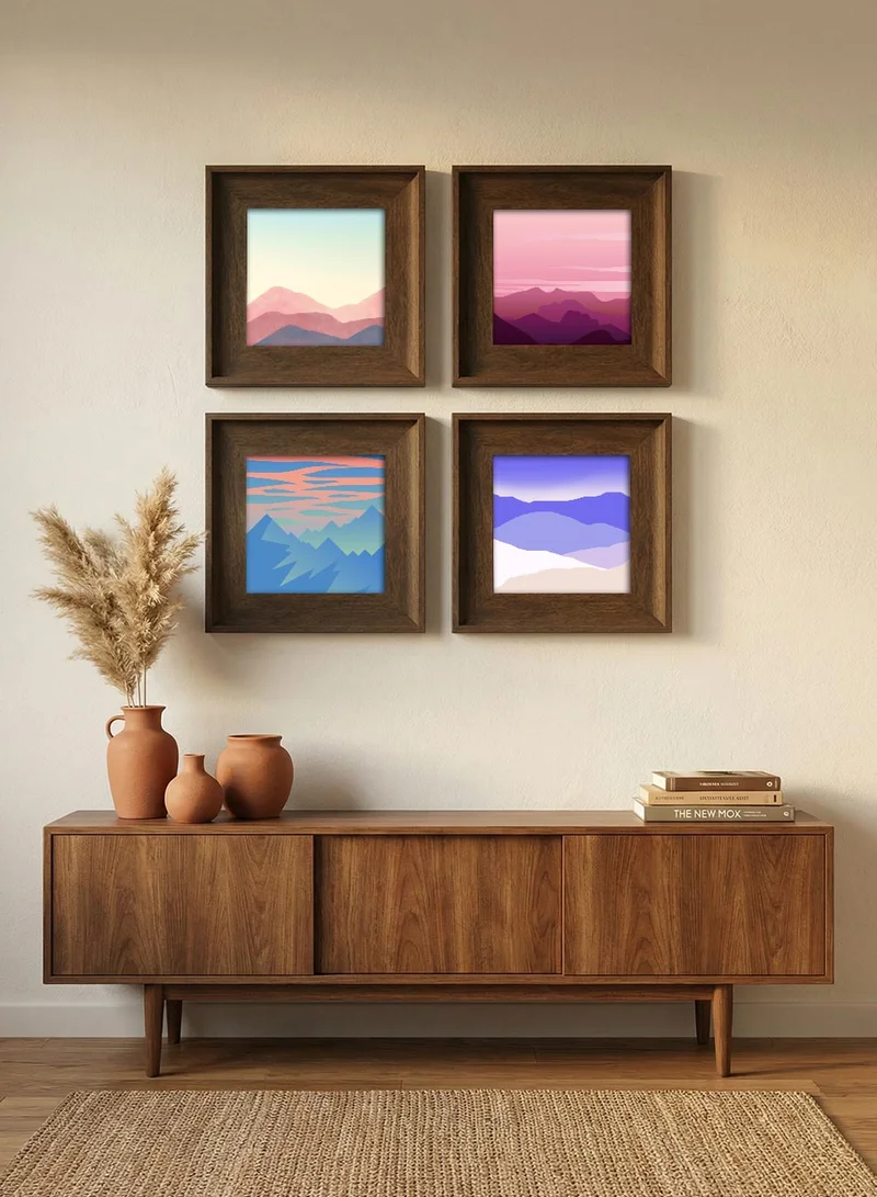 LOWHA Set of 4 Canvas Wall Art Stretched Over Wooden Frame with Vintage Brown Floating Frame and Soft Horizon Design